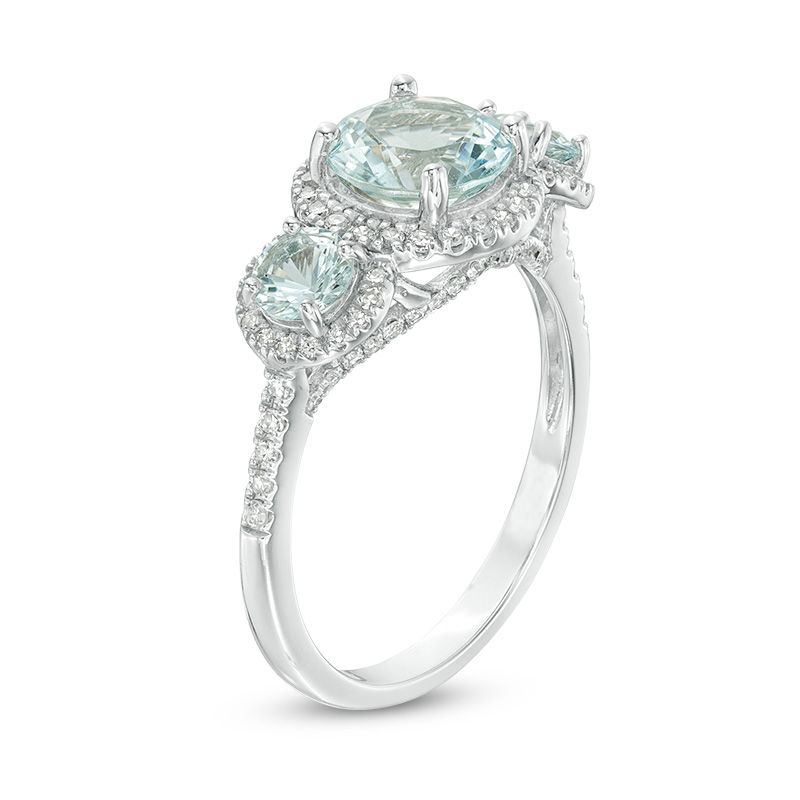 Main Image 2 of Aquamarine and 1/3 CT. T.W. Diamond Frame Three Stone Engagement Ring in 14K White Gold