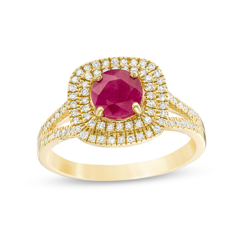 6.0mm Ruby and 1/3 CT. T.W. Diamond Double Cushion Frame Split Shank Engagement Ring in 14K Gold