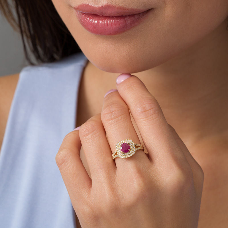 Main Image 2 of 6.0mm Ruby and 1/3 CT. T.W. Diamond Double Cushion Frame Split Shank Engagement Ring in 14K Gold