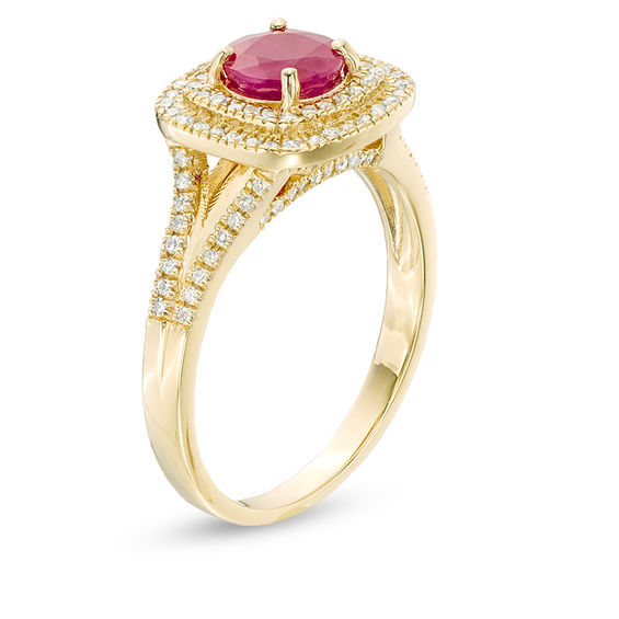 6.0mm Ruby and 1/3 CT. T.w. Diamond Double Cushion Frame Split Shank Engagement Ring in 14K Gold