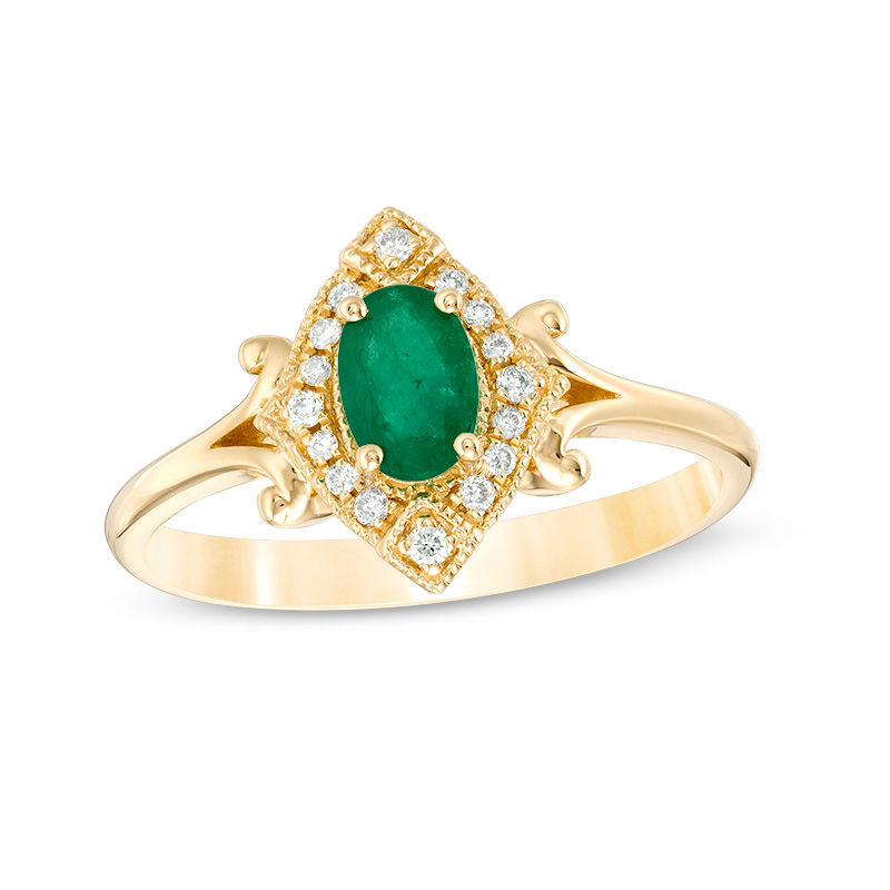 Main Image 1 of Oval Emerald and 1/20 CT. T.W. Diamond Vintage-Style Ring in 10K Gold