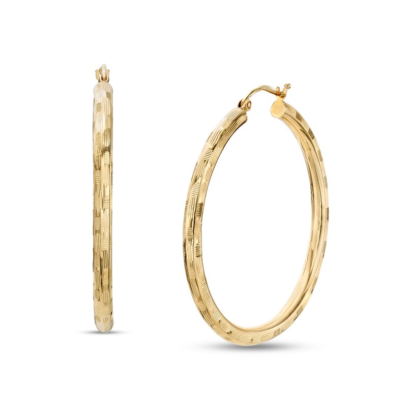 Main Image 1 of 3.0mm Diamond-Cut Basket Weave Tube Hoop Earrings in 10K Gold