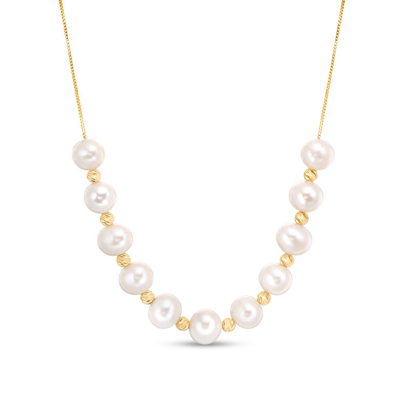 6.0 - 9.0mm Cultured Freshwater Pearl and Brilliance Bead Necklace in 10K Gold