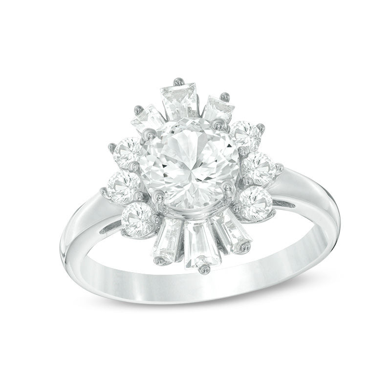 Main Image 1 of 7.0mm Lab-Created White Sapphire Sunburst Frame Ring in Sterling Silver