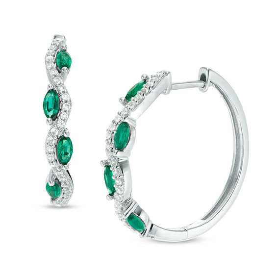 Marquise Lab-Created Emerald and White Sapphire Wavy Hoop Earrings in Sterling Silver