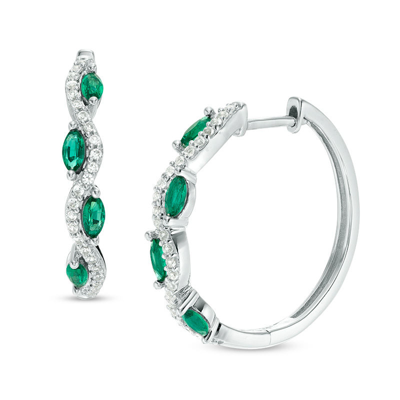 Main Image 1 of Marquise Lab-Created Emerald and White Sapphire Wavy Hoop Earrings in Sterling Silver