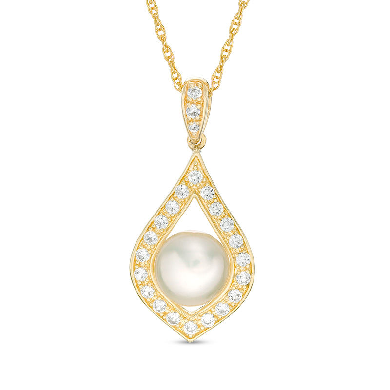 Main Image 1 of 8.0mm Button Freshwater Cultured Pearl and Lab-Created White Sapphire Pendant in Sterling Silver with 14K Gold Plate