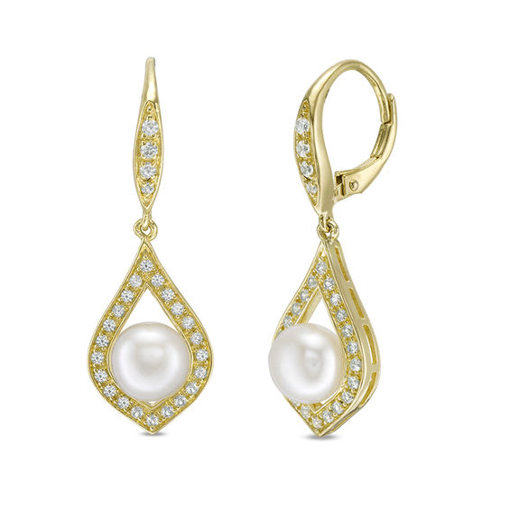 7.0mm Button Cultured Freshwater Pearl and Lab-Created White Sapphire Earrings in Sterling Silver with 14K Gold Plate