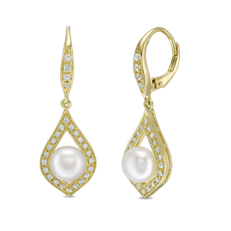 Main Image 1 of 7.0mm Button Freshwater Cultured Pearl and Lab-Created White Sapphire Earrings in Sterling Silver with 14K Gold Plate