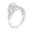 Thumbnail Image 2 of 5.0mm Button Freshwater Cultured Pearl and Lab-Created White Sapphire Crown Ring in Sterling Silver
