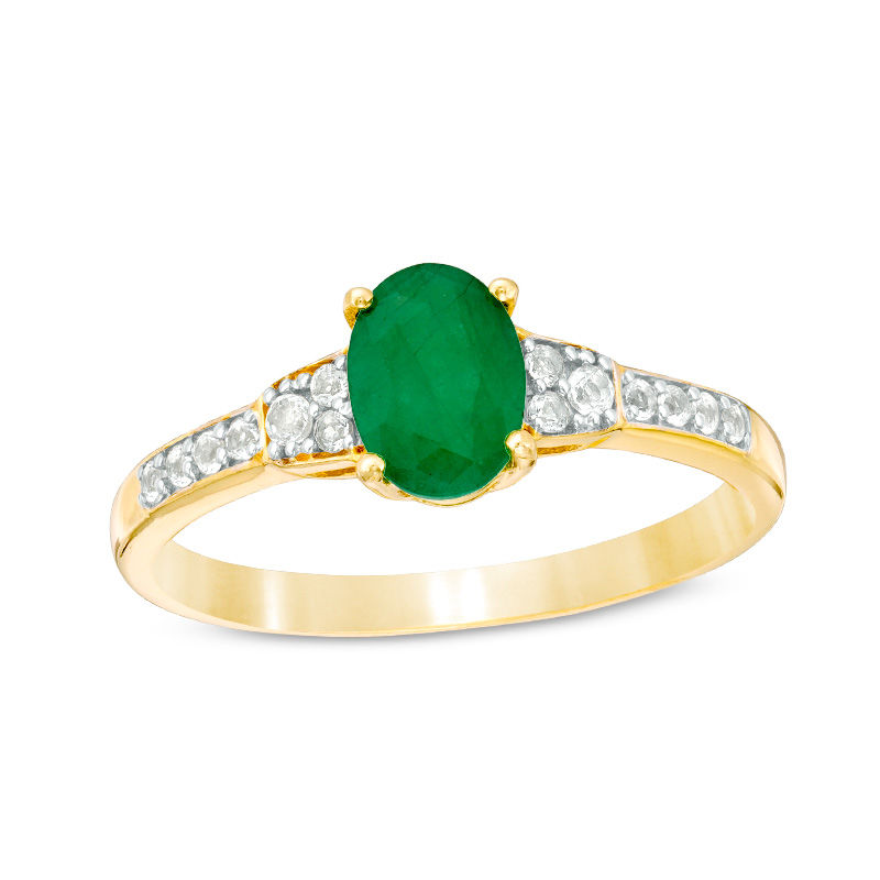 Oval Emerald and White Topaz Tri-Sides Ring in 10K Gold