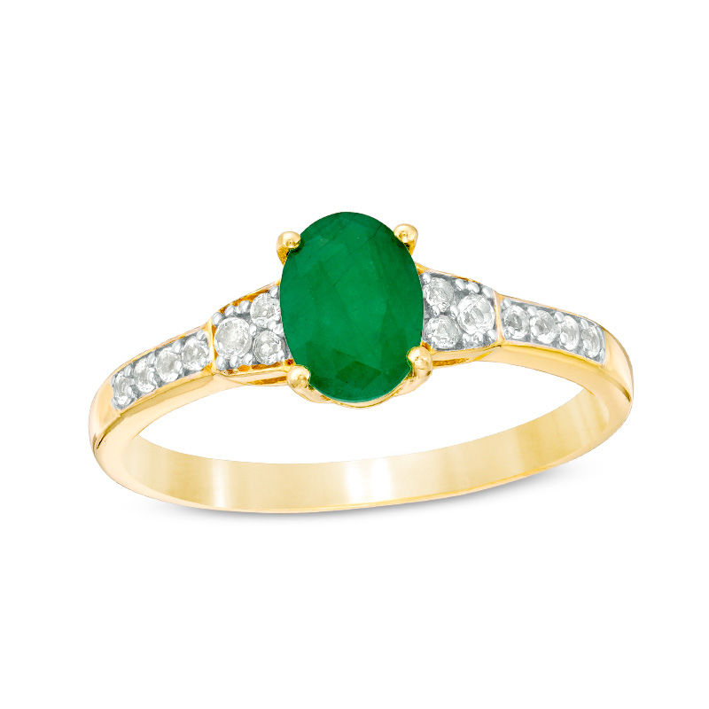 Main Image 1 of Oval Emerald and White Topaz Tri-Sides Ring in 10K Gold