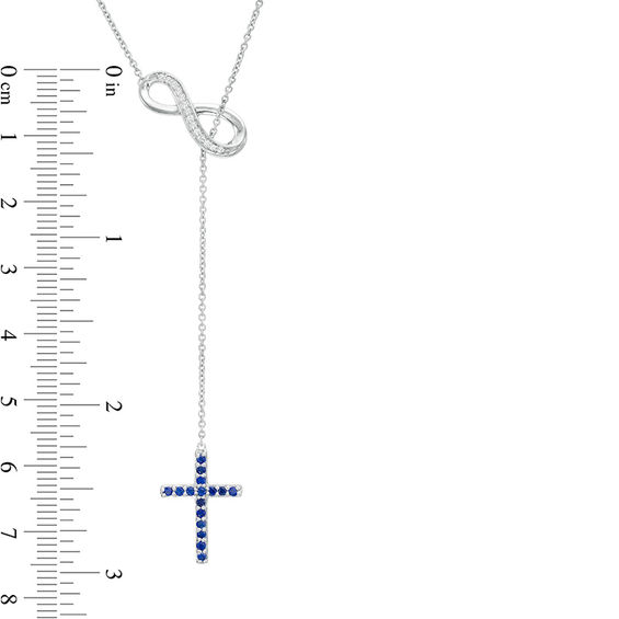 Lab-Created Blue and White Sapphire Cross and Infinity Lariat Necklace in Sterling Silver - 20"
