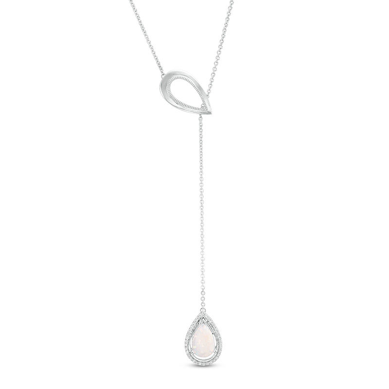 Pear-Shaped Lab-Created Opal and 1/10 CT. T.W. Diamond Double Teardrop Lariat Necklace in Sterling Silver - 20"