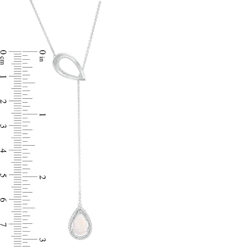 Pear-Shaped Lab-Created Opal and 1/10 CT. T.W. Diamond Double Teardrop Lariat Necklace in Sterling Silver - 20"