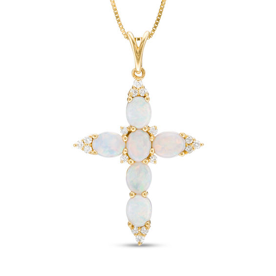 Oval Opal and 1/6 CT. T.W. Diamond Trio Pointed Cross Pendant in 14K Gold Oval Opal and 1/6 CT. T.W. Diamond Trio Pointed Cross Pendant in 14K Gold