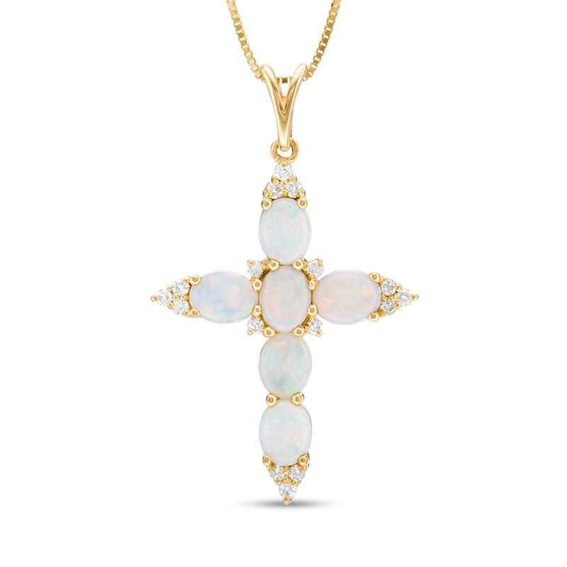 Oval Opal and 1/6 CT. T.W. Diamond Trio Pointed Cross Pendant in 14K Gold