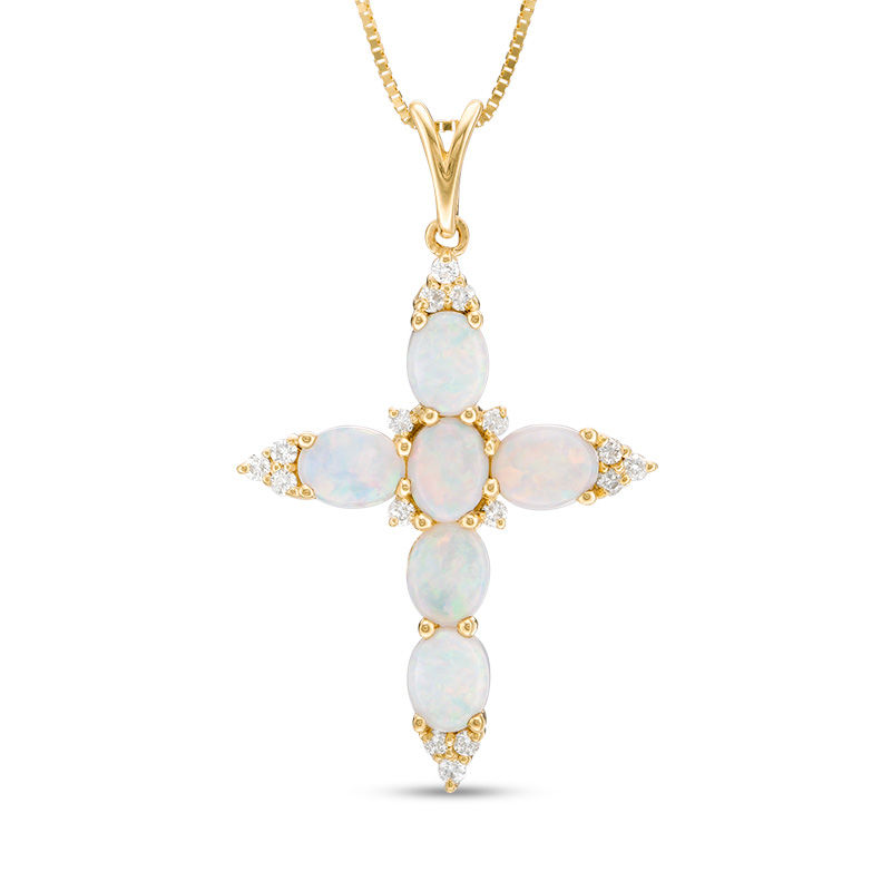 Main Image 1 of Oval Opal and 1/6 CT. T.W. Diamond Trio Pointed Cross Pendant in 14K Gold