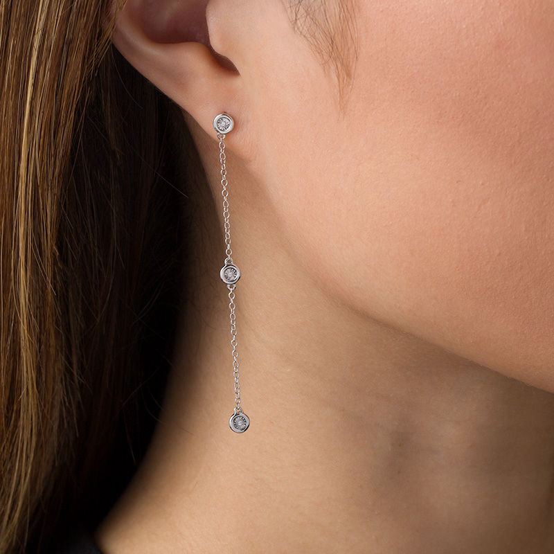 Main Image 2 of Diamond Accent Three Stone Station and Chain Drop Earrings in Sterling Silver