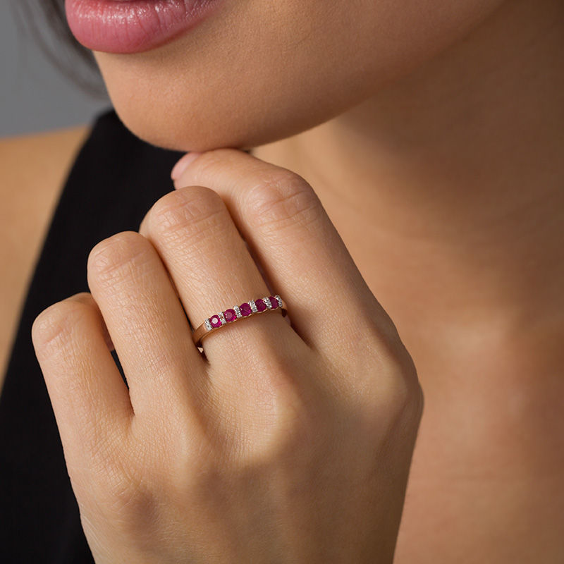 Main Image 2 of Ruby and Diamond Accent Five Stone Ring in 10K Rose Gold