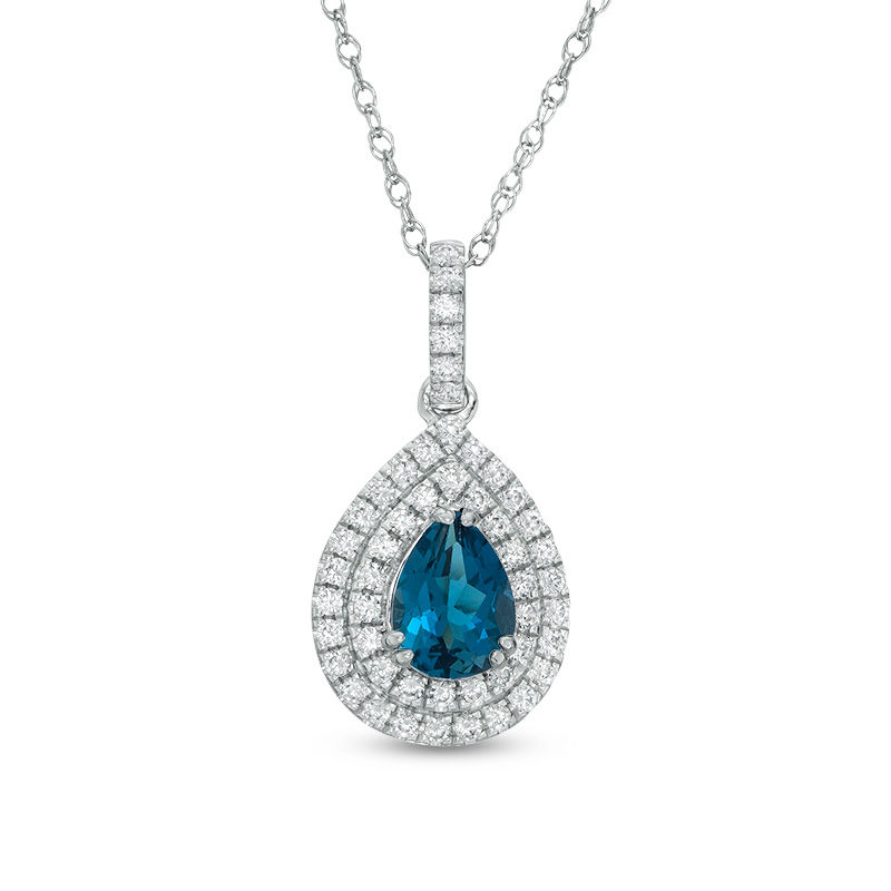 Pear-Shaped London Blue Topaz and Lab-Created White Sapphire Double Frame Teardrop Pendant in Sterling Silver