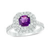Thumbnail Image 1 of 6.0mm Cushion-Cut Amethyst and Lab-Created White Sapphire Octagon Double Frame Ring in Sterling Silver