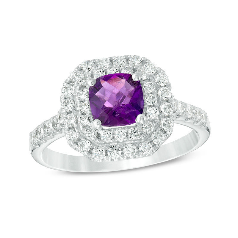 Main Image 1 of 6.0mm Cushion-Cut Amethyst and Lab-Created White Sapphire Octagon Double Frame Ring in Sterling Silver