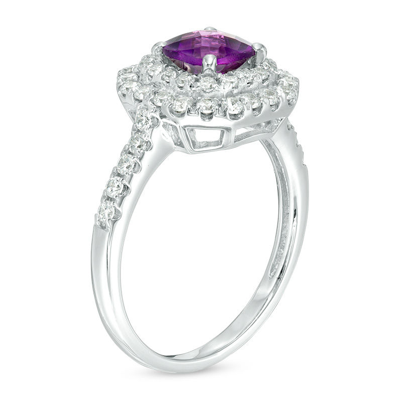 Main Image 2 of 6.0mm Cushion-Cut Amethyst and Lab-Created White Sapphire Octagon Double Frame Ring in Sterling Silver
