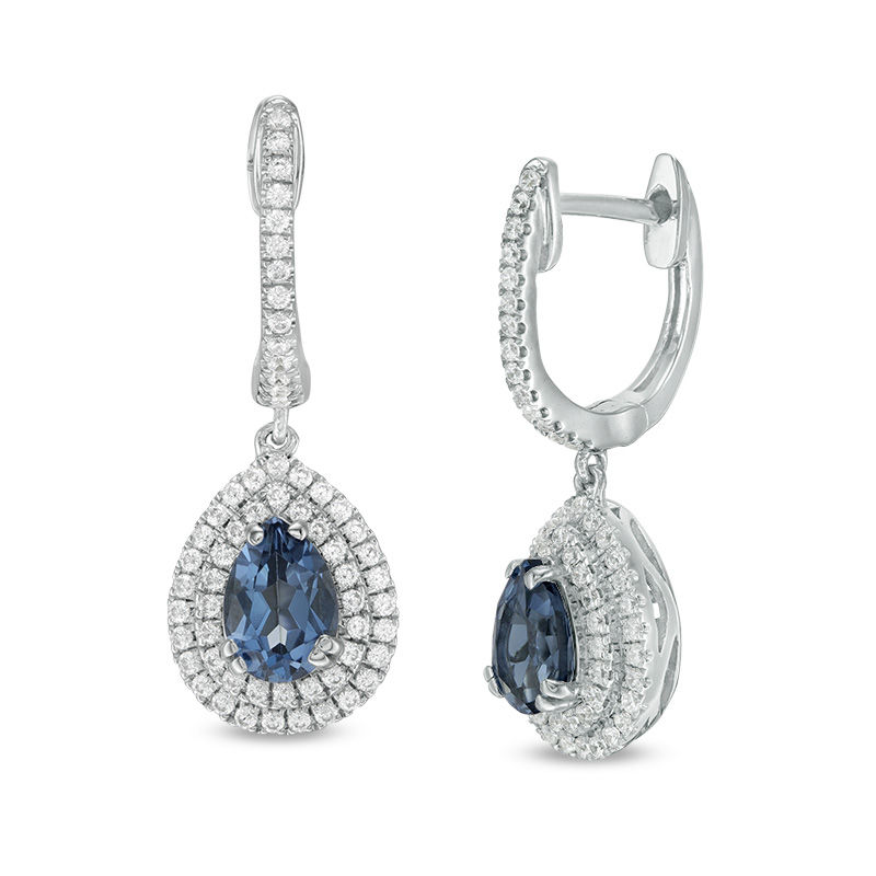 Main Image 1 of Pear-Shaped London Blue Topaz and Lab-Created White Sapphire Double Frame Drop Earrings in Sterling Silver