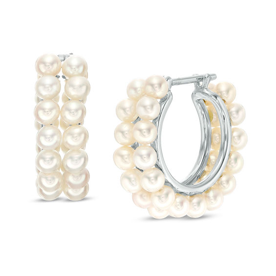 3.0 - 4.0mm Cultured Freshwater Pearl Double Row Huggie Hoop Earrings ...