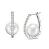 Thumbnail Image 1 of 12.0-13.0mm Freshwater Cultured Pearl and Lab-Created White Sapphire Cradle Oval Hoop Earrings in Sterling Silver