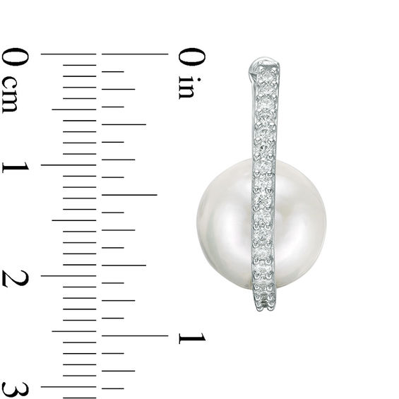 12.0-13.0mm Freshwater Cultured Pearl and Lab-Created White Sapphire Cradle Oval Hoop Earrings in Sterling Silver