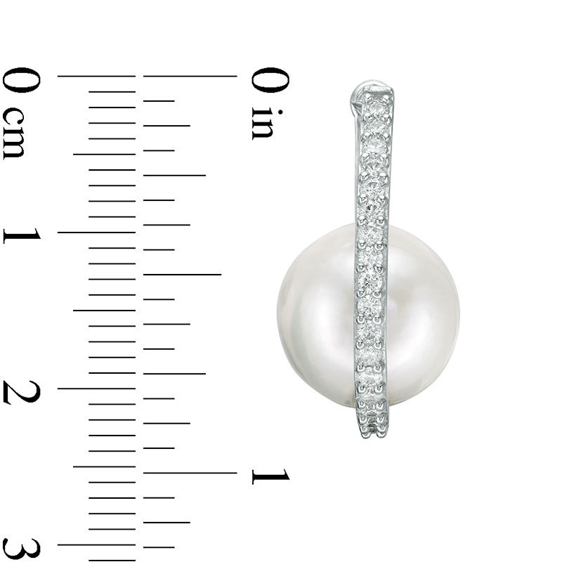 Main Image 2 of 12.0-13.0mm Freshwater Cultured Pearl and Lab-Created White Sapphire Cradle Oval Hoop Earrings in Sterling Silver