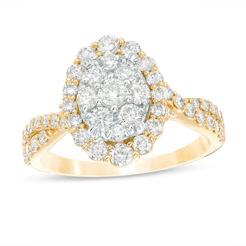 1-1/4 CT. T.W. Composite Diamond Oval Frame Twist Engagement Ring in 14K Two-Tone Gold
