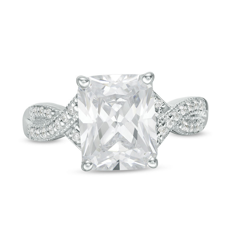 Main Image 3 of Radiant-Cut Lab-Created White Sapphire Vintage-Style Crossover Ring in Sterling Silver