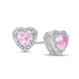 5.0mm Heart-Shaped Lab-Created Pink Sapphire and Diamond Accent Bead Frame Stud Earrings in Sterling Silver