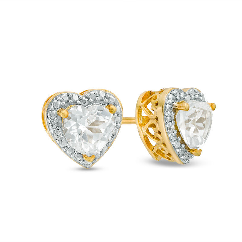 Main Image 1 of 5.0mm Heart-Shaped Lab-Created White Sapphire and Diamond Accent Stud Earrings in Sterling Silver with 14K Gold Plate