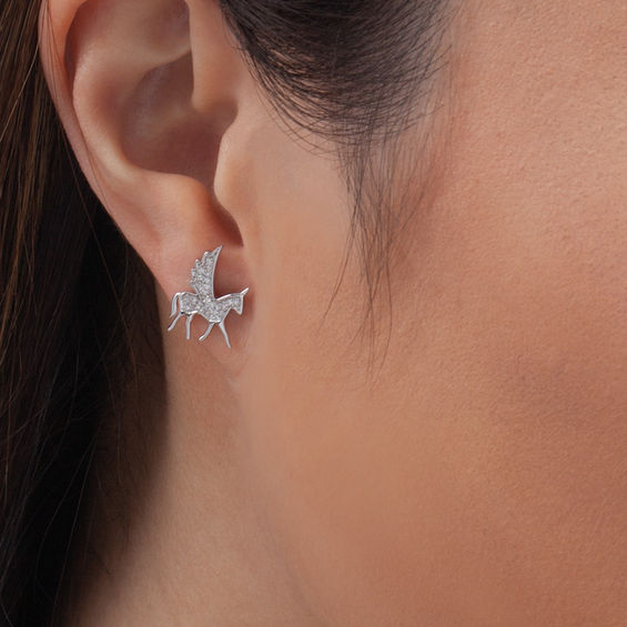 1/8 CT. T.w. Diamond Winged Bucking Unicorn Stud Earrings in Sterling Silver
