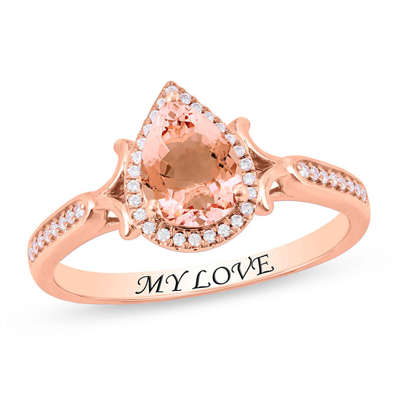 Pear-Shaped Morganite and 1/6 CT. T.W. Diamond Frame Split Side Accent Promise Ring in 10K Rose Gold (1 Line)