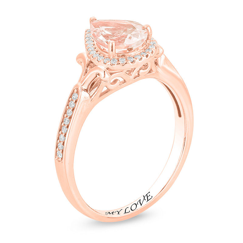 Pear-Shaped Morganite and 1/6 CT. T.W. Diamond Frame Split Side Accent Promise Ring in 10K Rose Gold (1 Line)