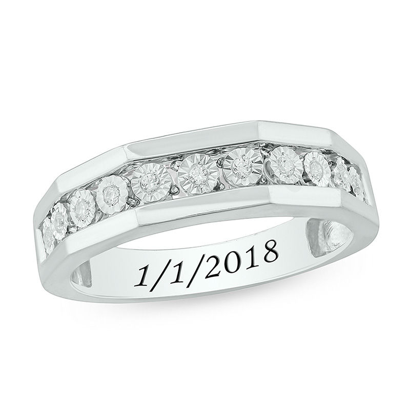 Men's 1/8 CT. T.W. Diamond Geometric Engravable Wedding Band in 10K White, Yellow or Rose Gold (1 Line)