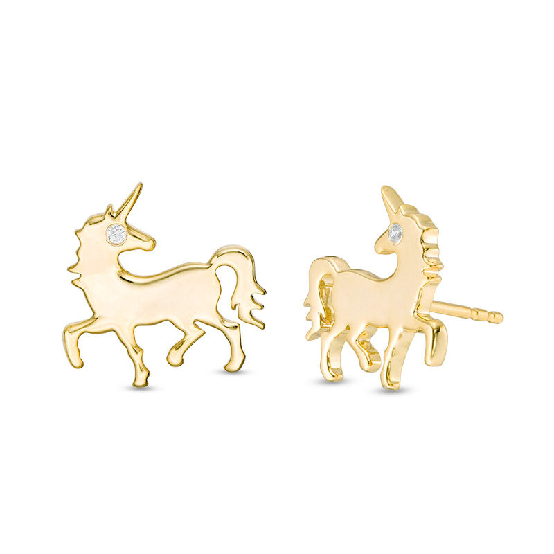Diamond Accent Solitaire Prancing Unicorn Stud Earrings in Sterling Silver with 14K Gold Plate