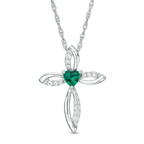 4.0mm Heart-Shaped Lab-Created Emerald and White Sapphire Pointed Loop Cross Pendant in Sterling Silver