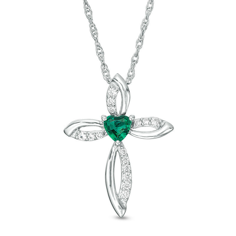 Main Image 1 of 4.0mm Heart-Shaped Lab-Created Emerald and White Sapphire Pointed Loop Cross Pendant in Sterling Silver