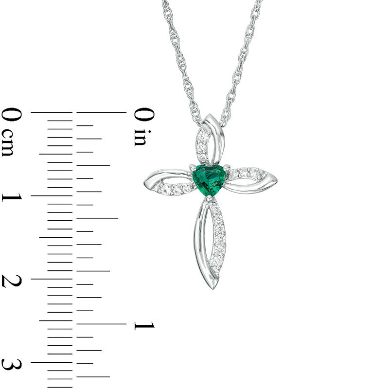 Main Image 2 of 4.0mm Heart-Shaped Lab-Created Emerald and White Sapphire Pointed Loop Cross Pendant in Sterling Silver