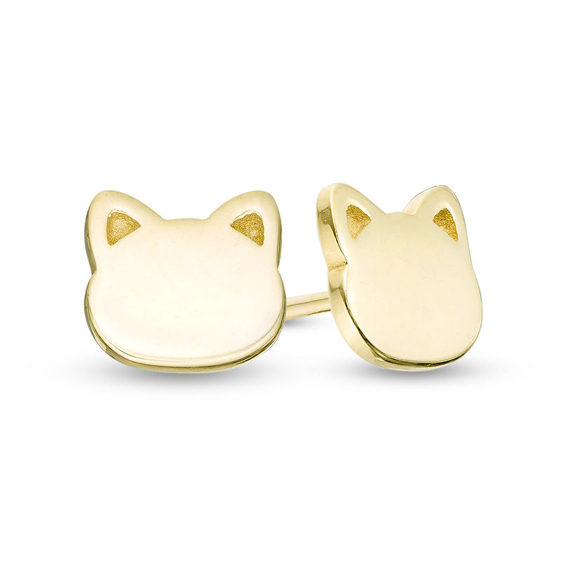 Cat Face Silhouette Stud Earrings in 14K Gold