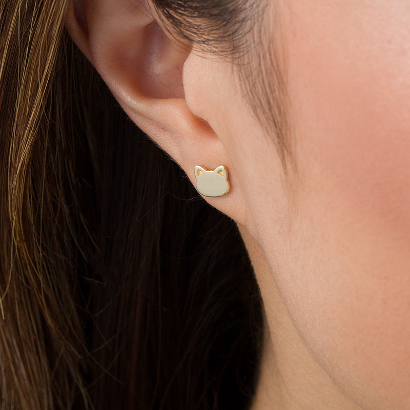 Cat Face Silhouette Stud Earrings in 14K Gold