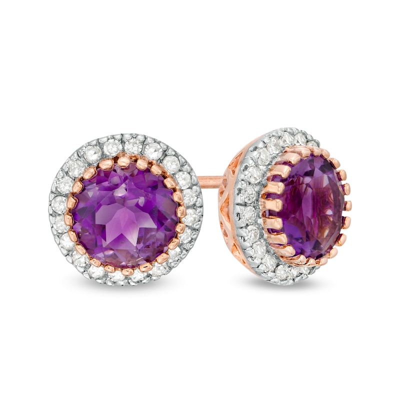 6.0mm Amethyst and 1/5 CT. T.W. Diamond Frame Stud Earrings in 10K Rose Gold