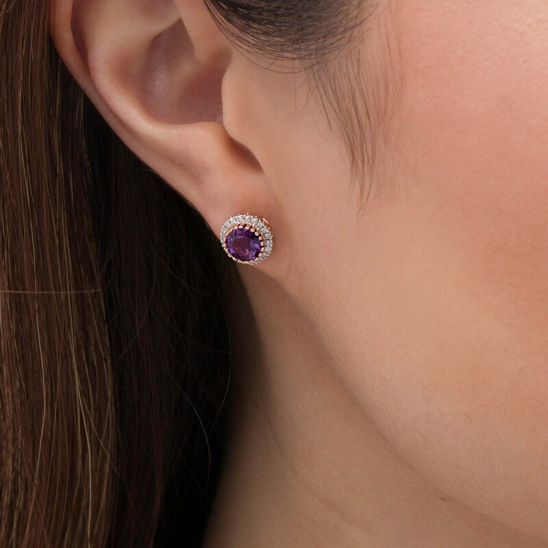 6.0mm Amethyst and 1/5 CT. T.W. Diamond Frame Stud Earrings in 10K Rose Gold