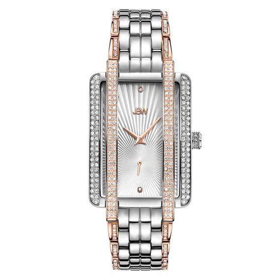 Ladies' JBW Mink 1/8 CT. T.w. Diamond and Crystal 18K Rose GP Two-Tone Watch with Rectangular Dial (Model: J6358D)
